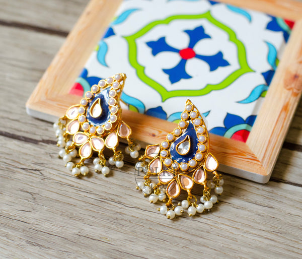 Kundan Paisley Earrings - Blue